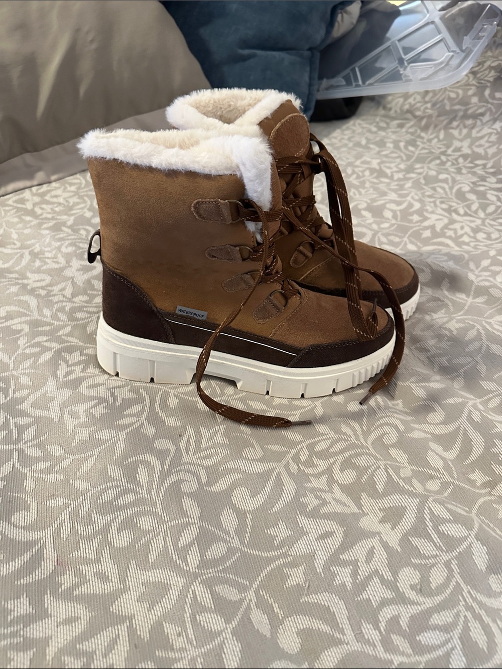 Serra Brown Faux-Fur Lined Winter Lace-Up Boots with White Sole